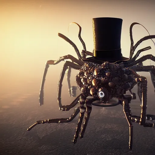 Prompt: a steampunk spider wearing a top hat, 8 k, unreal engine 6, hyper detailed, highly coherent,