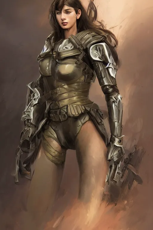 Image similar to a professionally painted portrait of an attractive young woman clothed in military-style battle armor, olive skin, long dark hair, beautiful bone structure, symmetrical facial features, intricate, elegant, hero shot, digital painting, concept art, smooth, sharp focus, illustration, finely detailed, from Metal Gear by Ruan Jia and Mandy Jurgens and Artgerm and William-Adolphe Bouguerea, award winning, trending on Artstation