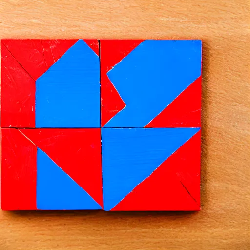 Image similar to A red block on a blue block on a table