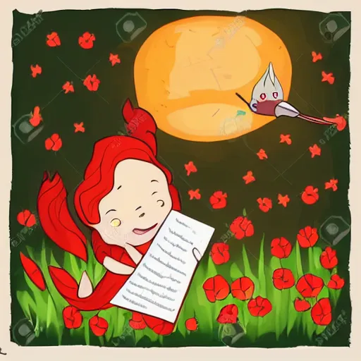 Image similar to young firehummingbird writes the letter'a'with a stream of fire onto a piece of parchment. rose field, cel shaded vector art trending on artstation childrens book