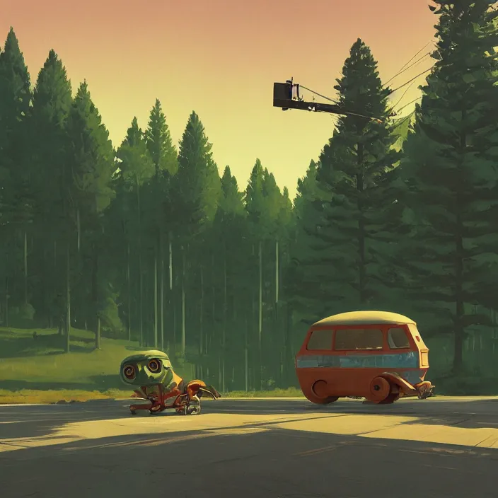 Image similar to fat alien on wheels rolling through the forest, highly detailed, Edward Hopper and James Gilleard, Simon Stalenhag