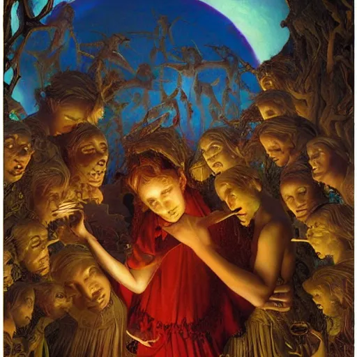 Prompt: Soul eating angels satisfy their hunger, light illumination at sunset, by James C. Christensen height 768-C 9.0
