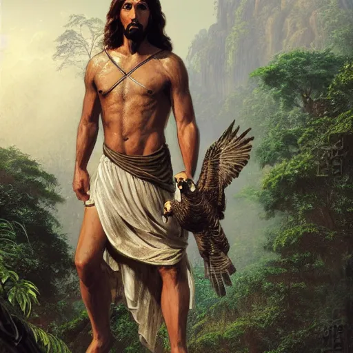 Prompt: a detailed matte painting of a ridiculously good looking jesus who is exploring the prehistoric jungle with his pet falcon, elegant ancient greek dress, jungle as the background, very detailed, beautiful, intricate, art by greg rutkowski and robert e howard, octane render