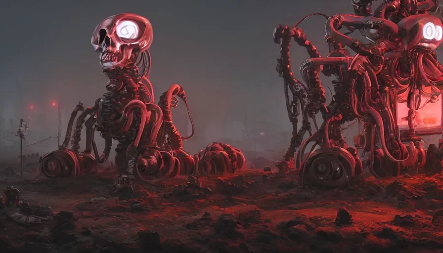 Prompt: a digital art portrait of post apocalyptic robot octopus with human skulls by Simon Stalenhag, mechanical human skull with power armour character design, character sheet, 4k, ultra detail, volumetric lighting, unreal engine, octane render