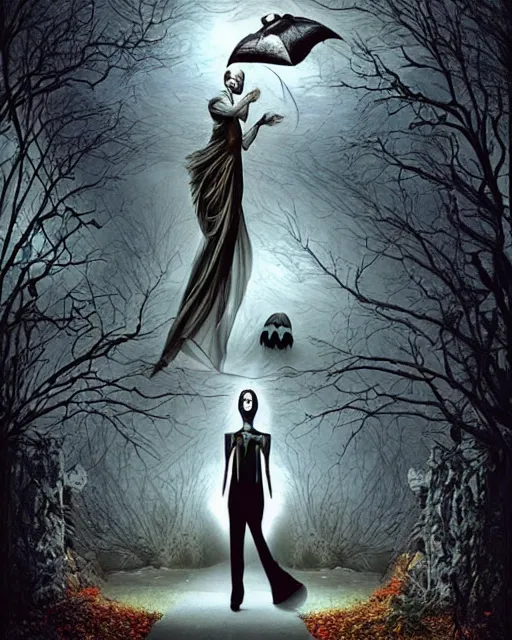 Prompt: halloween ghost theme surrealist art in the styles of igor morski, jim warren, and a tim burton film, intricate, hyperrealistic, volumetric lighting