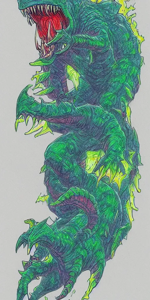 Prompt: a kaiju figurine super detailed colored pencil drawing with fluo colors