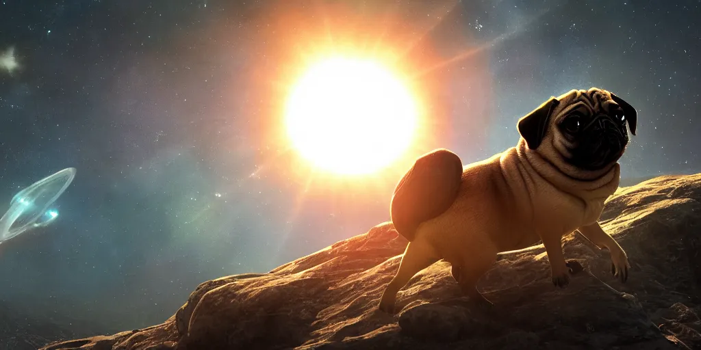 Prompt: pug orbiting the sun, still, photograph, trending on artstation, dynamic lighting, cinematic, highly detailed, sharp focus, space, universe, stars