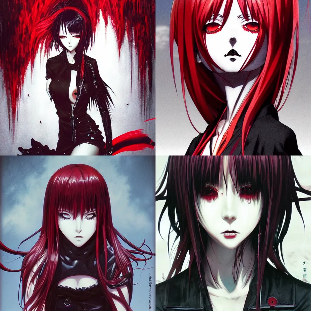 Prompt: highly detailed professional 9 0 s seinen anime art of badass goth woman with red hair, black makeup, and red eyes. chunibyo. horror action manga cover promotional art. detailed and intricate environment. drawn by ilya kuvshinov and painted by zdzislaw beksinski