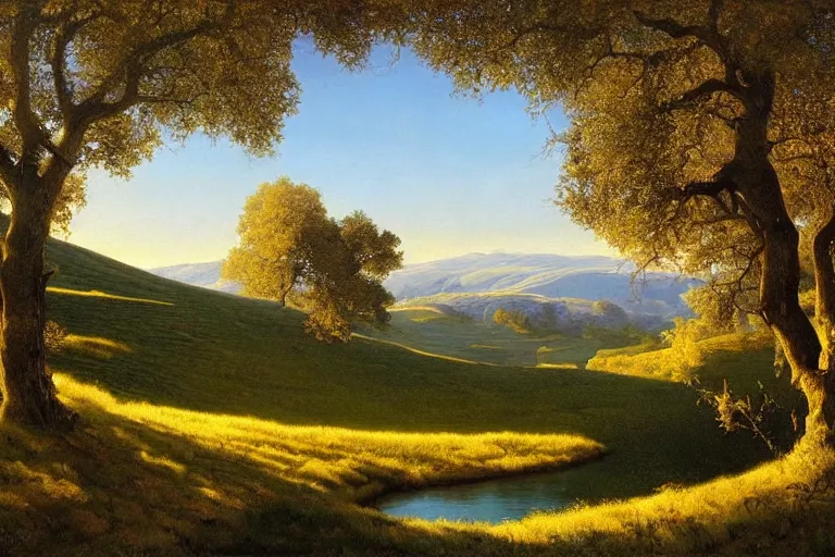 Image similar to masterpiece painting of oak trees on a hillside overlooking a creek, dramatic lighting, by james c. christensen