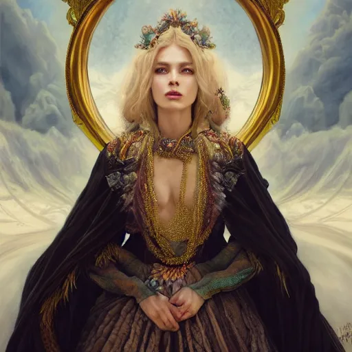 Image similar to portrait painting of a beautiful and regal blonde lady wearing a feathered cloak and noble garments, ultra realistic, concept art, intricate details, eerie, highly detailed, photorealistic, octane render, 8 k, unreal engine. art by artgerm and greg rutkowski and charlie bowater and magali villeneuve and alphonse mucha