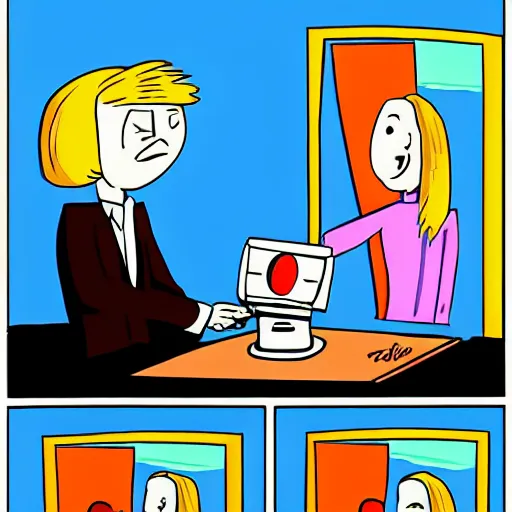 Image similar to Person being manipulated by television. Cartoon.