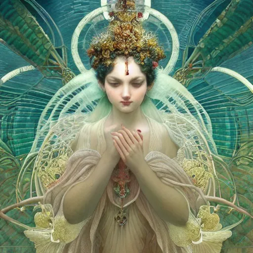 Image similar to absolutely beautiful empress, intricate, elegant, hyper detailed, finely detailed beautiful angelic symmetry face delicate, smooth, sharp focus, award - winning, masterpiece, in bloom greenhouse, shining light came in through the window, style of tom bagshaw, cedric peyravernay, peter mohrbacher, louis comfort tiffany, victo ngai, 4 k hd illustrative wallpaper