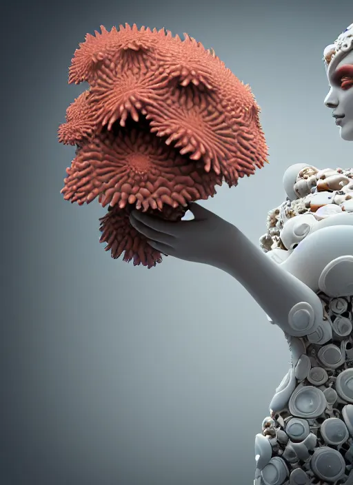 Image similar to biomechanical corals, daisies, well contoured smooth fair walls with marble woman carrying a bottle of perfume, up close shot, sharp focus, global illumination, radiant light, alexandre ferra white mecha, irakli nadar, octane highly render, 4 k, ultra hd,