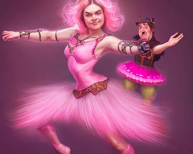 Image similar to photography of jack black dancing in a pink ballerina outfit, full body shot, deep focus, d & d and mtg, fantasy, intricate, elegant, highly detailed, digital painting, artstation, concept art, matte, sharp focus, illustration, hearthstone, art by ross tran