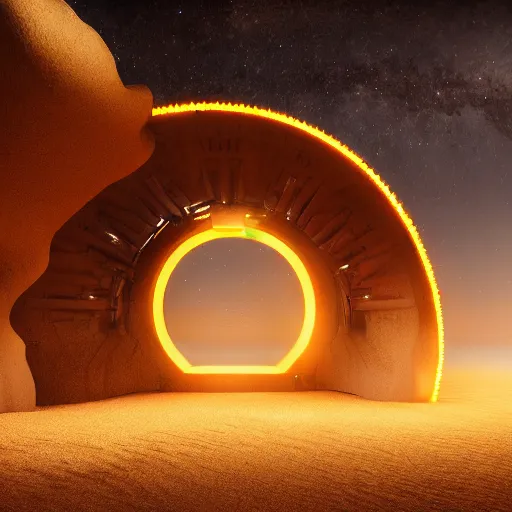 Image similar to glowing giger stargate, middle of austalian desert, sand storm, energy, cinematic, dawn, wet, realistic