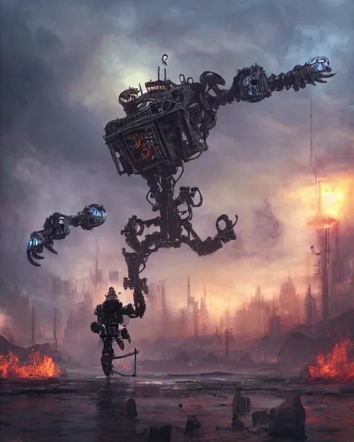 Image similar to oil painting of King Kong Robot attacking, Steampunk, sharp focus, fantasy style, steampunk city background, octane render, volumetric lighting, 8k high definition, by greg rutkowski, highly detailed, trending on art Station, magic the gathering artwork, centered, dramatic artwork, combat scene, fire, explosions