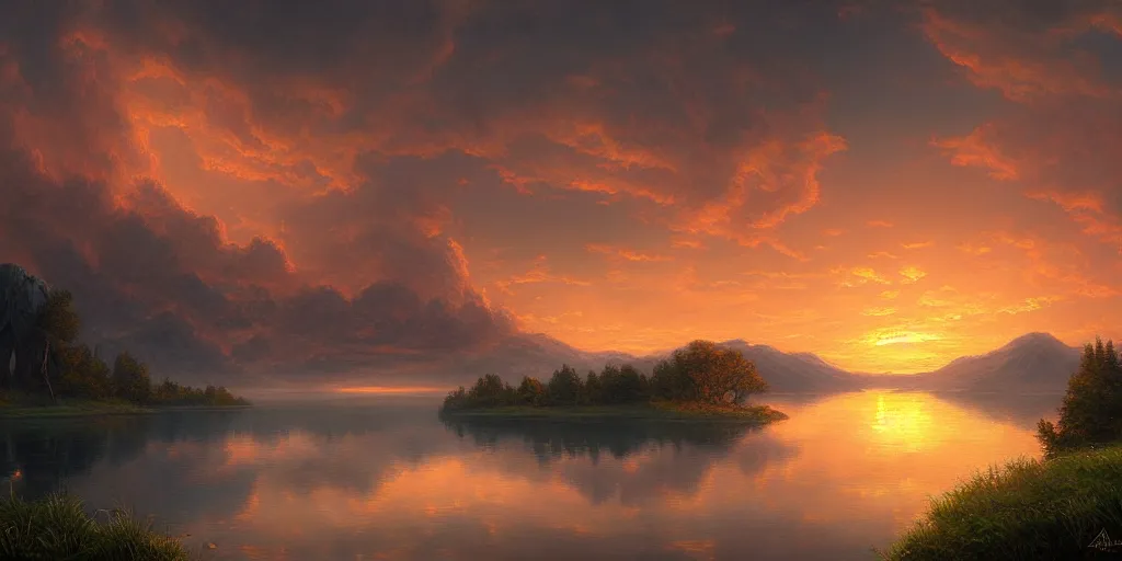 Prompt: a painting of a sunset over a lake, a detailed matte painting by andreas rocha, featured on deviantart, fantasy art, matte painting, terragen, detailed painting