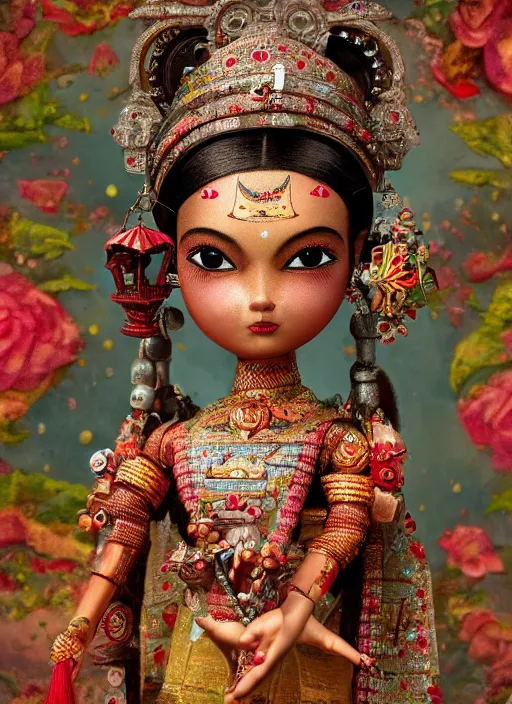 Image similar to closeup portrait of tin toy india sari girl trap, depth of field, zeiss lens, detailed, symmetrical, centered, fashion photoshoot, by nicoletta ceccoli, mark ryden, lostfish, breathtaking, 8 k resolution, extremely detailed, beautiful, establishing shot, artistic, hyperrealistic, octane render