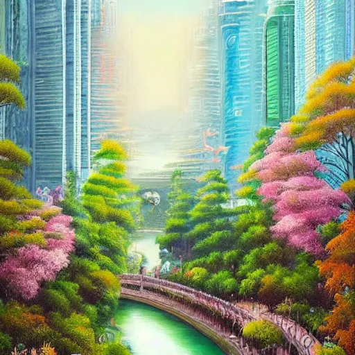 Image similar to Beautiful city of the future in harmony with nature. Beautiful detailed painting by Lurid. (2022)