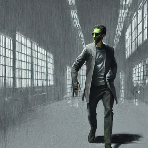 Prompt: a man walking into the matrix, concept art, illustration, highly detailed, artwork, cinematic, hyper realistic painting
