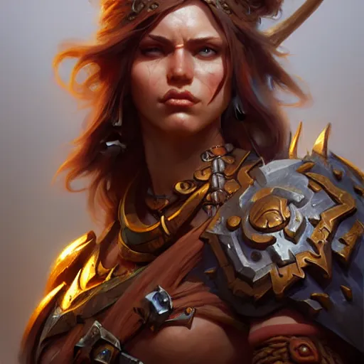 Prompt: barbarian, female, D&D, fantasy, intricate, elegant, highly detailed, digital painting, artstation, octane render, concept art, matte, sharp focus, illustration, hearthstone, art by Artgerm and Greg Rutkowski and Alphonse Mucha