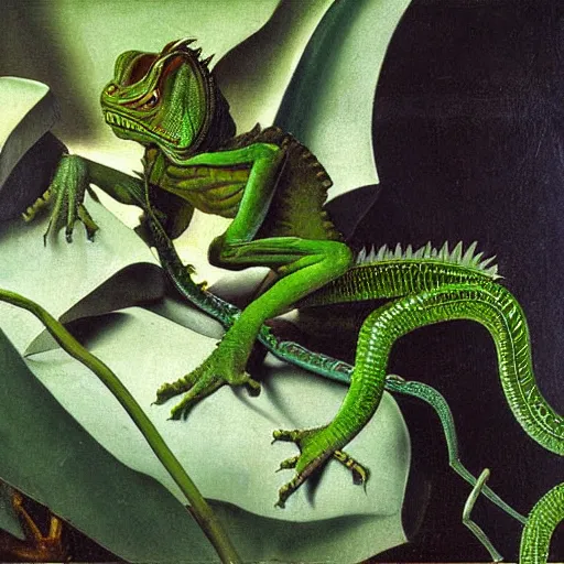 Image similar to majestic painting of a green basilisk by Michelangelo Merisi da Caravaggio