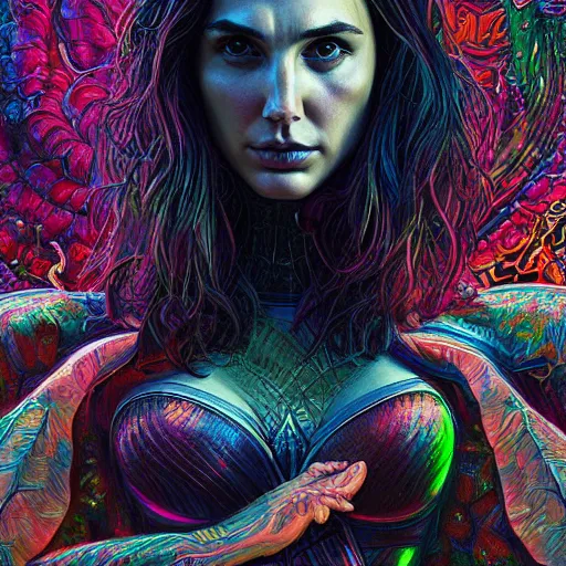 Image similar to portrait of gal gadot, hyper detailed masterpiece, neon floral pattern, jean giraud, digital art painting, darkwave goth aesthetic, psychedelic, artgerm, donato giancola and tom bagshaw