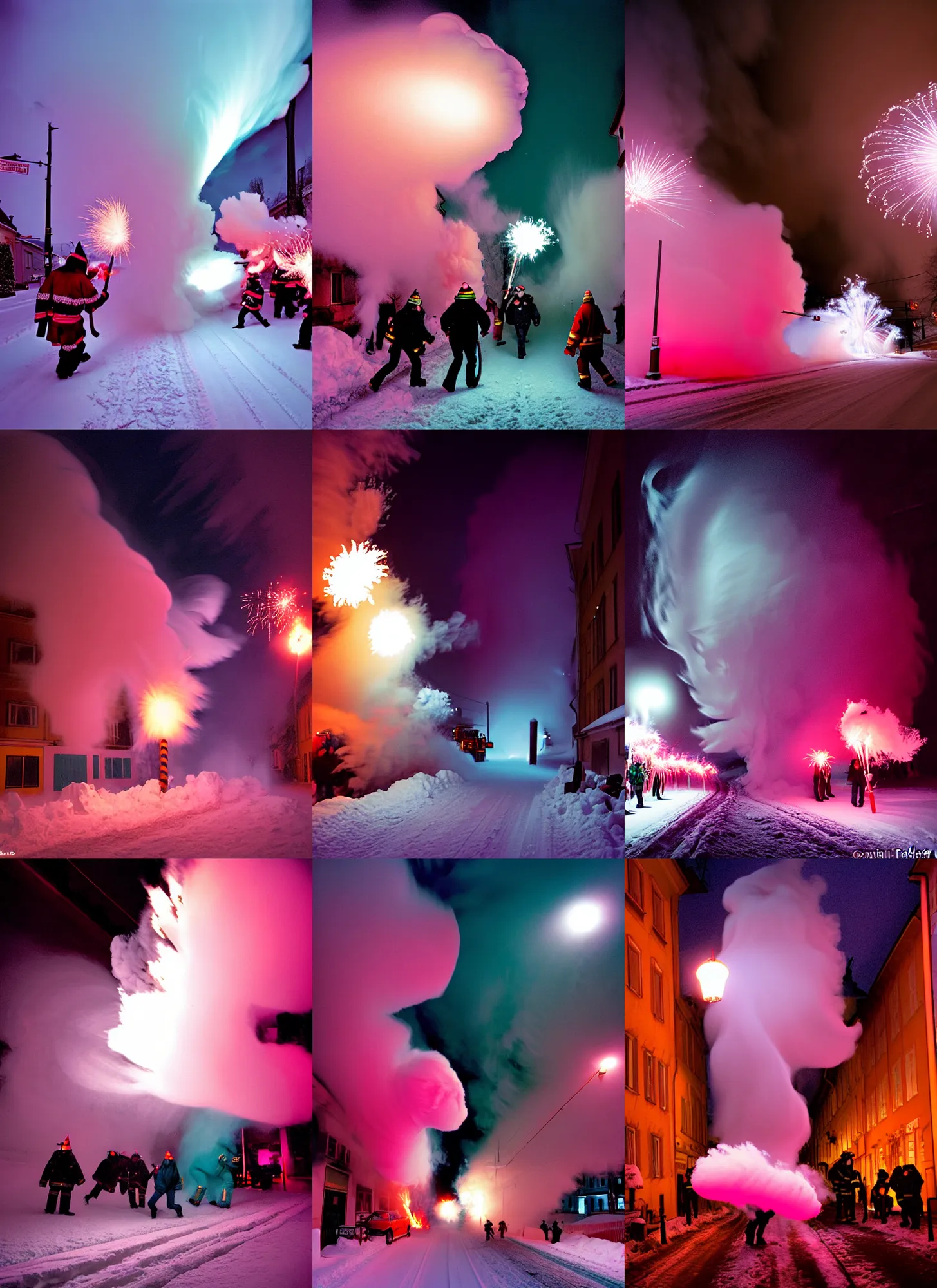 Image similar to kodak portra 4 0 0, winter, snow tornado, pink and teal floodlight, hellfire, award winning dynamic photograph of a bunch of hazardous krampus between exploding fire barrels by robert capas, motion blur, in a narrow lane in salzburg at night with colourful pyro fireworks and torches, teal lights