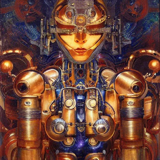 Image similar to highly detailed portrait of an humanoid robotic dmt mecha, painting by gaston bussiere, craig mullins, j. c. leyendecker, lights, art by ernst haeckel, john william godward, hammershøi, alex grey