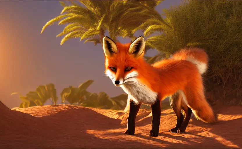 Prompt: a fox in a dessert oasis. daylight. sunlight. lens flare. light fixtures. apunkalypse. 8K. detailed. photorealism. artstation. 35mm. ultra realistic