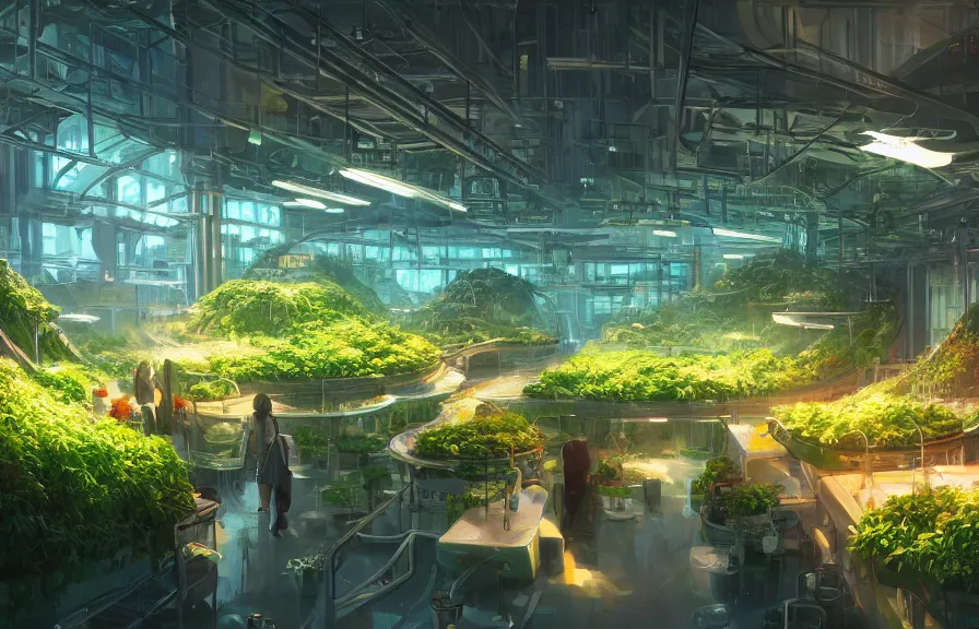 Image similar to concept art of a lush indoor hydroponics lab in a far - future utopian city, apples oranges pears fruit, key visual, ambient lighting, highly detailed, digital painting, artstation, concept art, sharp focus, by makoto shinkai and akihiko yoshida and hidari and wlop