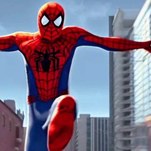 Image similar to a screenshot of Danny Devito playing an unmasked Peter Parker Spiderman in Spiderman: No Way Home