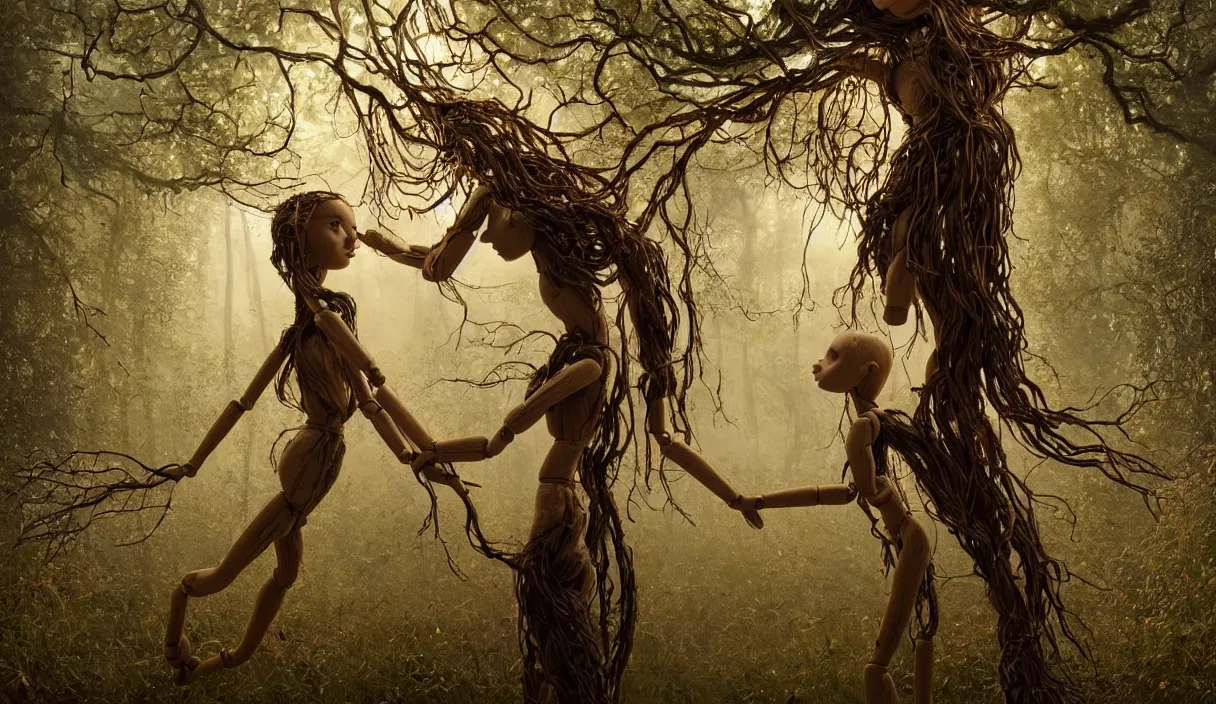 Prompt: a cinematic portrait of a beautiful female jointed handmade wooden art doll, made of wood, dreadlocks, twigs and branches, reaching out to each other, oak trees, oak leaves, acorns, dendritic, by james c. christensen, by tomasz alen kopera, by raphael, 8 k, rendered in octane, 3 d, volumetric lighting