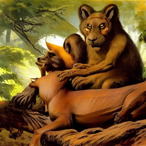 Prompt: eternal friendship and rest of the animals of the forest by Frank Frazetta, 8k resolution