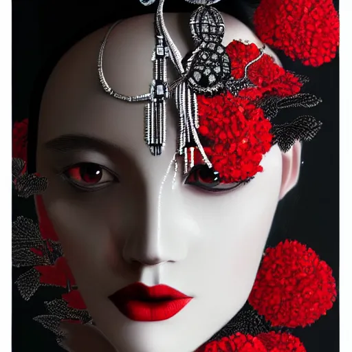 Image similar to detailed concept art painting art deco pattern black diamonds + red flowers and diamonds by hsiao - ron cheng, no humans, bizarre compositions, exquisite detail