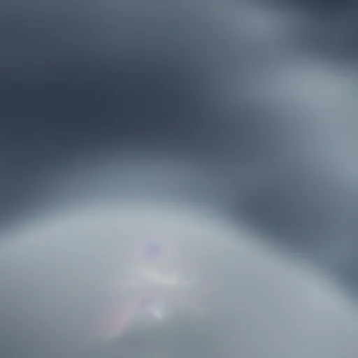 Image similar to high - angle view, from 1 0 0 0 feet in distance, vague uap interstellar vehicle on top of dramatic moody clouds in the sky, muted pearlescent color. minimalist, detailed. ue 5