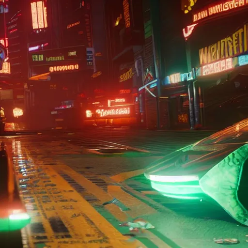 Prompt: a dinosaur watermelon egg is hatching in the middle of Night City in Cyberpunk 2077.