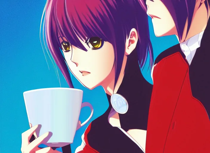 Prompt: anime KOF Kula Diamond drinking coffee, Karolis Strautniekas,omoide emanon, tsuruta kenji, murata range,kawaii, kyoto animation, manga, intricate, detailed, studio lighting, blue red black, gradation,editorial illustration, matte print, Ilya Kuvshinov