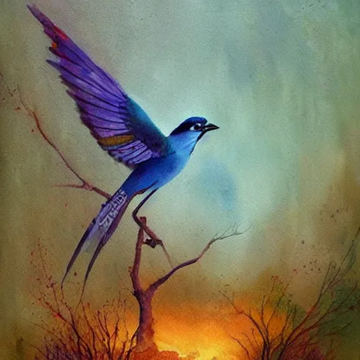 Prompt: a beautiful watercolor painting of a colorful jay in witch's garden, art by Beksinski, trending on artstation