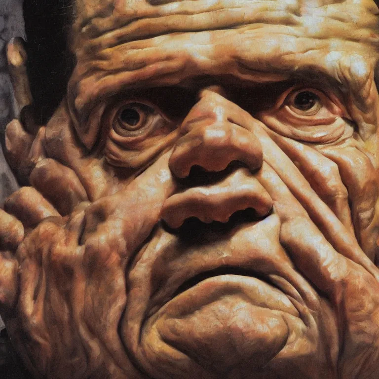 Image similar to close up studio portrait of aging old Richard Nixon age 115 wrinkled sad, shiny impasto oil painting by Lucian Freud and Tim Hawkinson and Cy Twombly, trending on artstation Studio lighting Expressionism