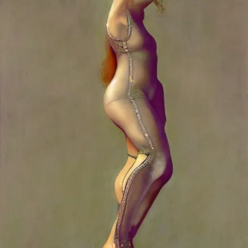 Image similar to full body portrait of a beautiful woman with a perfect face and body wearing a transparent plastic skin tight jumpsuit with circular cutouts, Edgar Maxence and Ross Tran and Michael Whelan and Gustav Klimpt