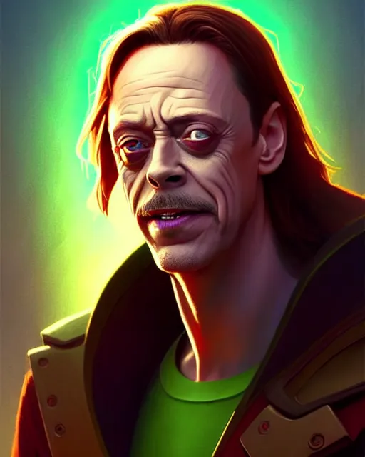 Image similar to portrait, steve buscemi as loki, bright backlit, key lighting, smooth, gaudy colors, maya render, octane render aesthetic, lol matte painting concept art, official fanart behance hd artstation by jesper ejsing, by rhads and makoto shinkai and lois van baarle and ilya kuvshinov and rossdraws