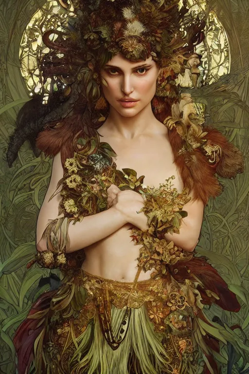 Prompt: natalie portman as queen of the jungle, running, painted by nekro, alphonse mucha, dark - fantasy, intricate detail, artstation, cgsociety, rococo, gold leaf art