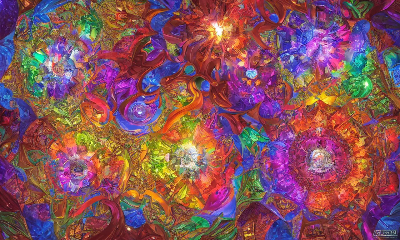 Image similar to voronoi engine laboratory 3 d volume kaleidoscope mandala fractal chakra digital multicolor stylized concept substance by artgerm, rossdraws, norman rockwell, magali villeneuve, gil elvgren, alberto vargas, earl moran, enoch bolles radiating a glowing aura global illumination ray tracing hdr