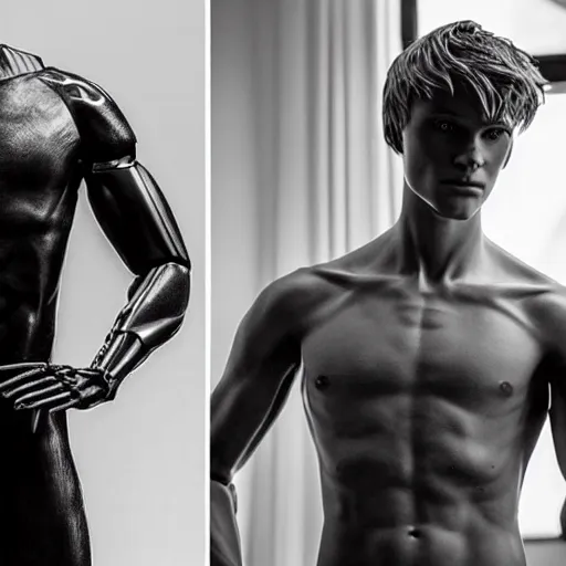 Image similar to a realistic detailed photo of a guy who is an attractive humanoid who is half robot and half humanoid, who is a male android, soccer player martin ødegaard, shiny skin, posing like a statue, blank stare, in a living room, on display, showing off his muscles