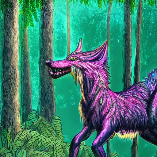 Image similar to psychedelic digital art of a sergal posing confidently in an enchanted forest, 4K, trending on artstation