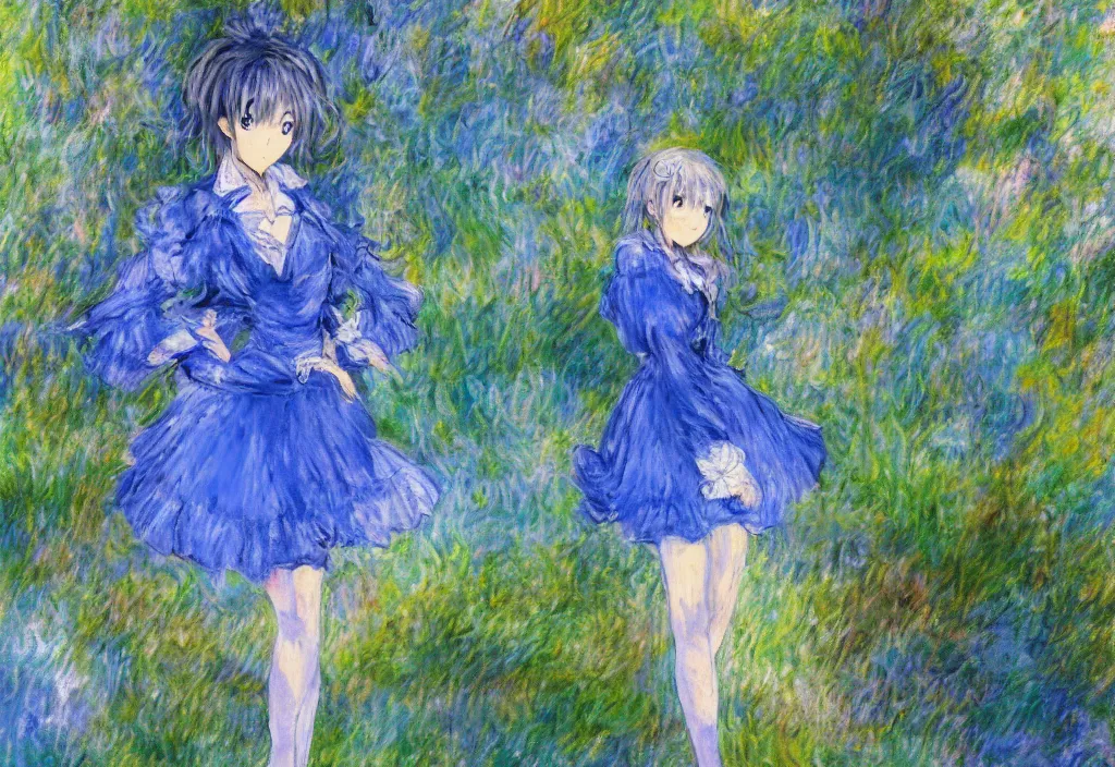 Prompt: anime scenery, blue outfit, very anime in impressionist style, trending artwork, anime painter studio, by claude monet