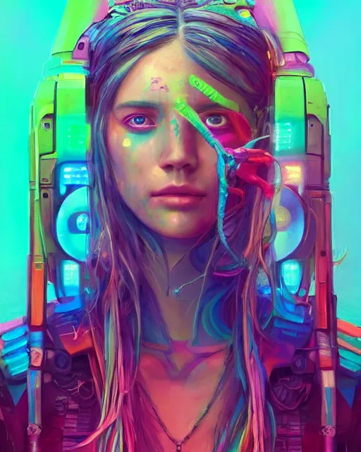 Image similar to colorful portrait of a hippie, set in the future 2 1 5 0 | highly detailed | very intricate | symmetrical | professional model | cinematic lighting | award - winning | painted by mandy jurgens and ross tran | pan futurism, dystopian, bold psychedelic colors, cyberpunk, groovy vibe, anime aesthestic | featured on artstation