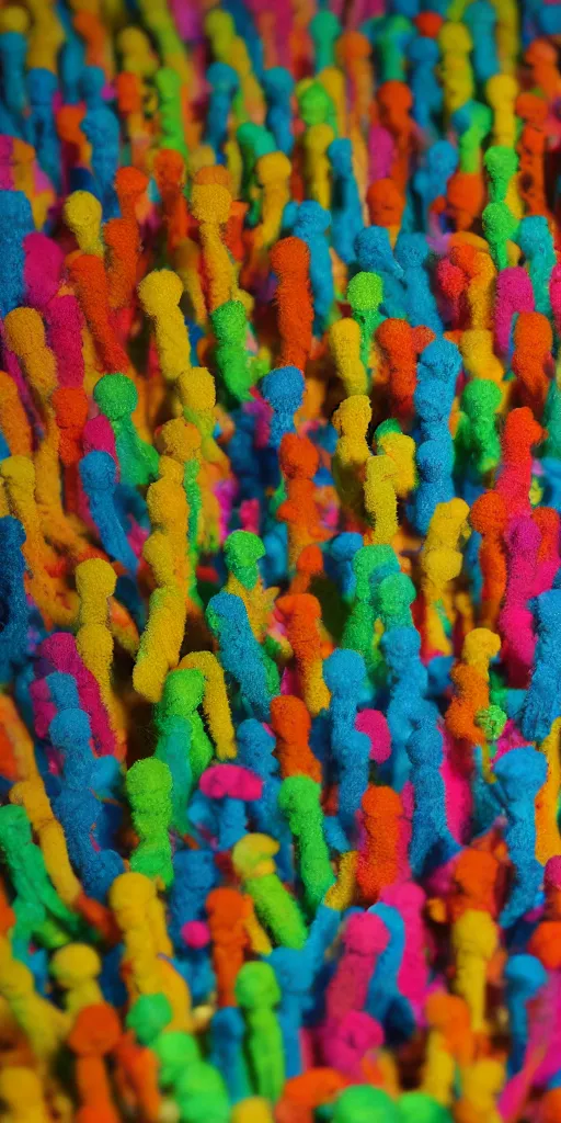 Image similar to group of giant rainbow-colored people dancing in a forest made out of fluffy pipecleaners in the style of Jean-Michel Basquiat, 3D cinematic lighting, spotlight at a 90 DEGREE ANGLE, photorealism, octane render, depth of field, 8k, 35mm, artgem, Trending on artstation