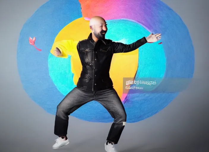 Prompt: japanese man with bald head and beard wearing short denim and leather clothes dancing next to a rainbow, full body portrait, dynamic lighting